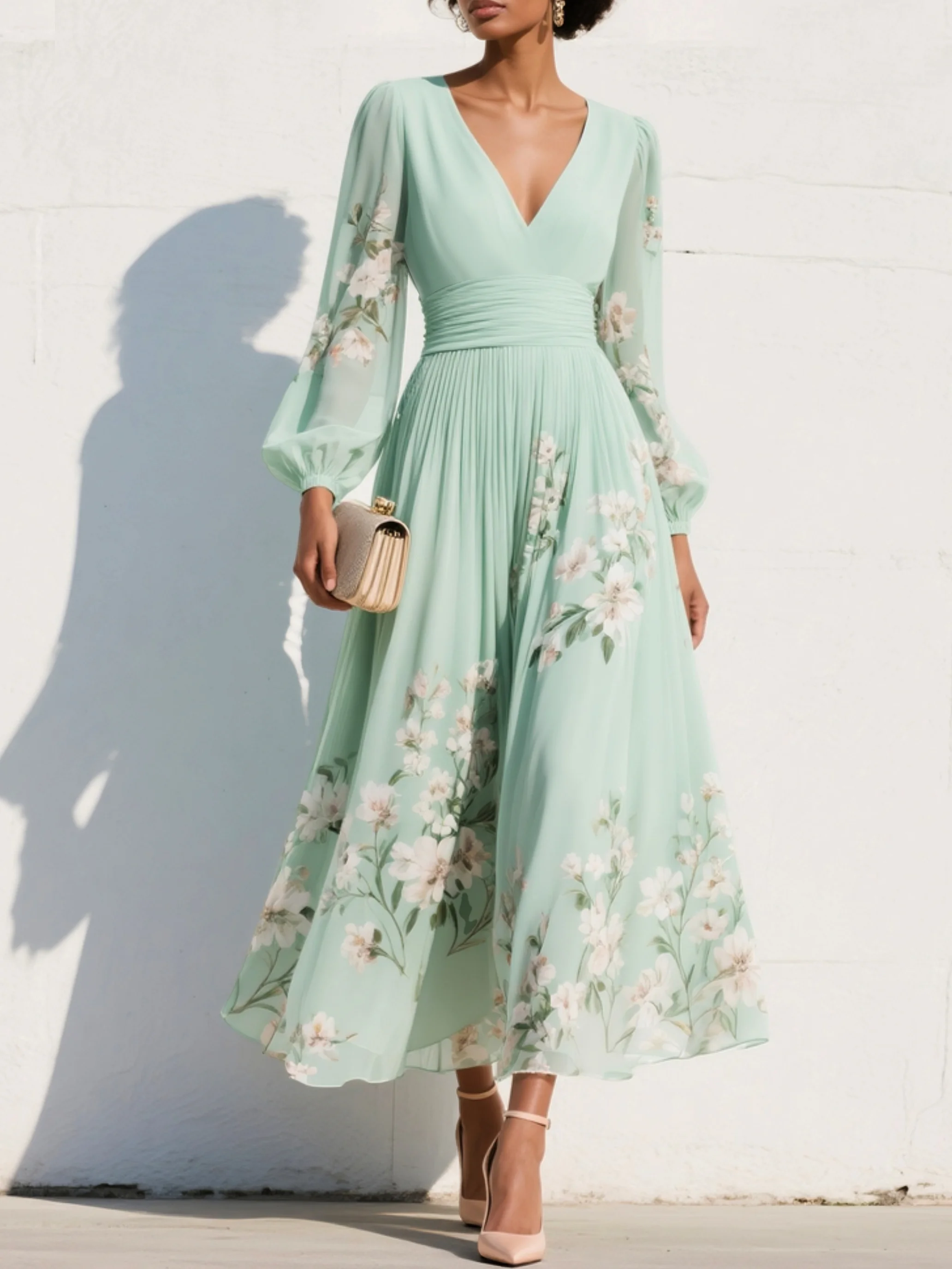 Selene - Women's Floral Chiffon Midi Dress with V-Neckline and Balloon Sleeves