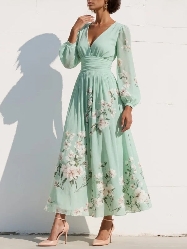 Selene - Women's Floral Chiffon Midi Dress with V-Neckline and Balloon Sleeves