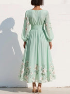 Selene - Women's Floral Chiffon Midi Dress with V-Neckline and Balloon Sleeves