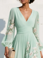 Selene - Women's Floral Chiffon Midi Dress with V-Neckline and Balloon Sleeves