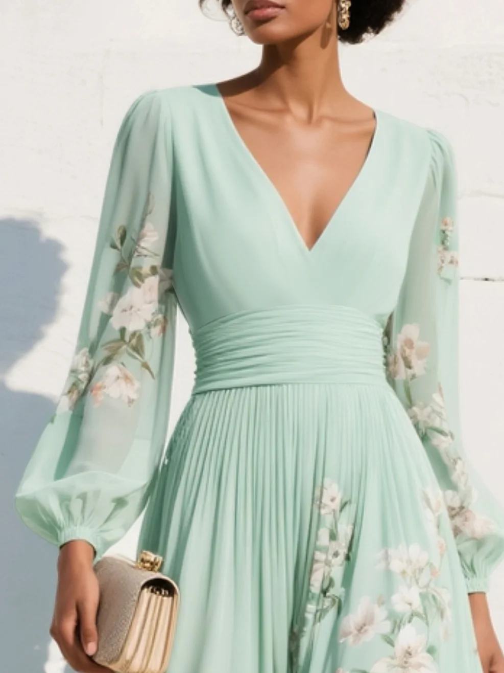 Selene - Women's Floral Chiffon Midi Dress with V-Neckline and Balloon Sleeves