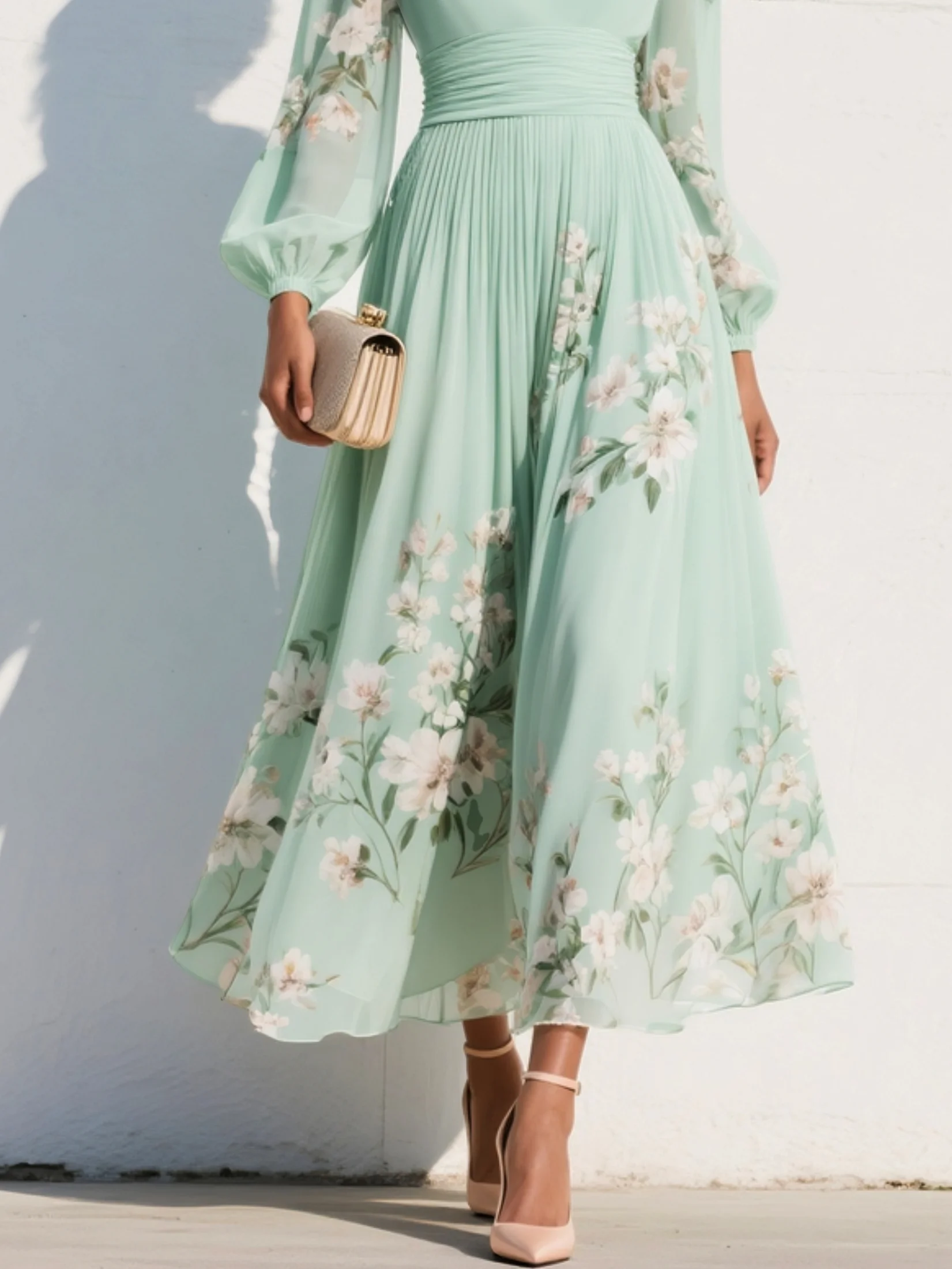 Selene - Women's Floral Chiffon Midi Dress with V-Neckline and Balloon Sleeves