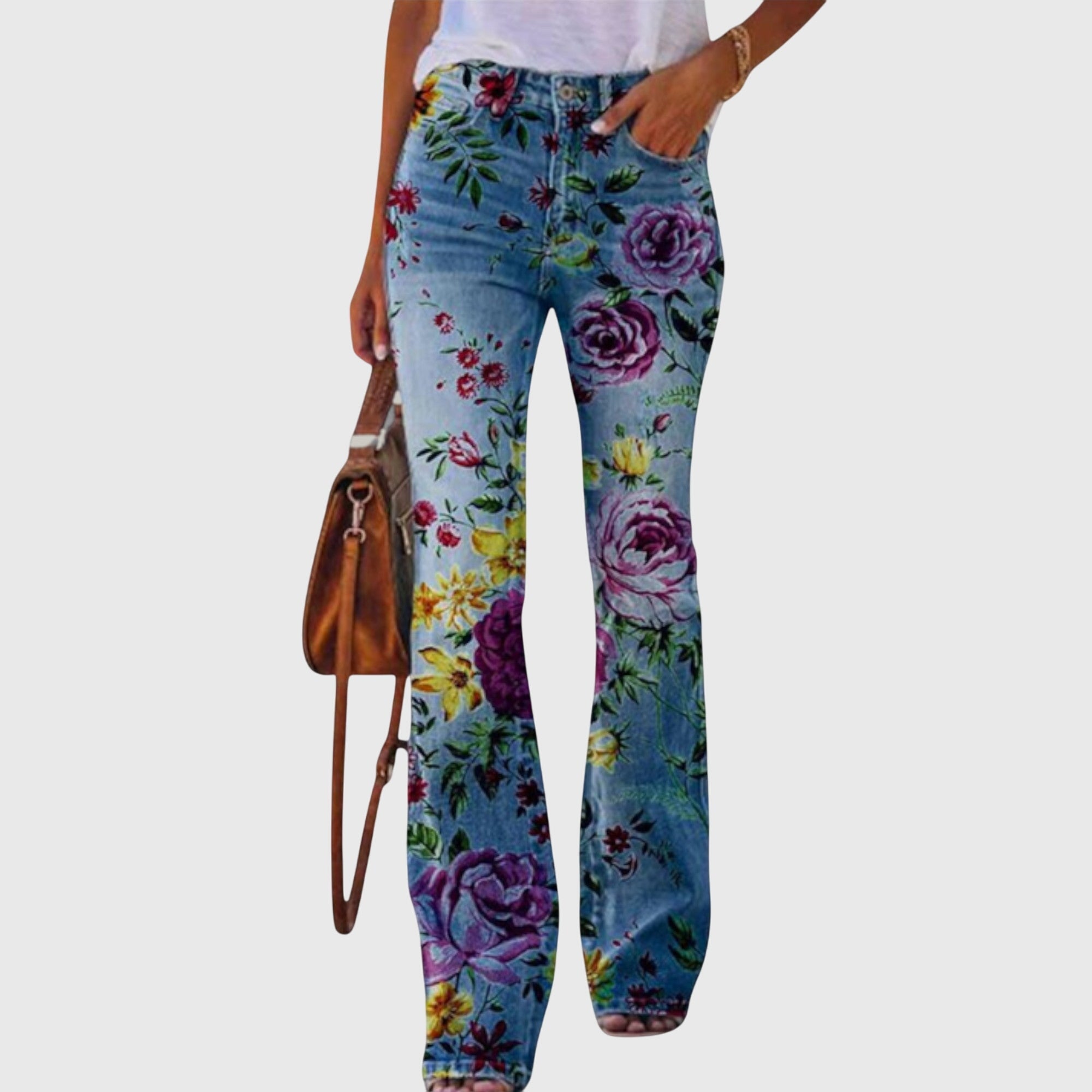 Sylvia - Women's Floral Flare Jeans with Hand-Painted Detail