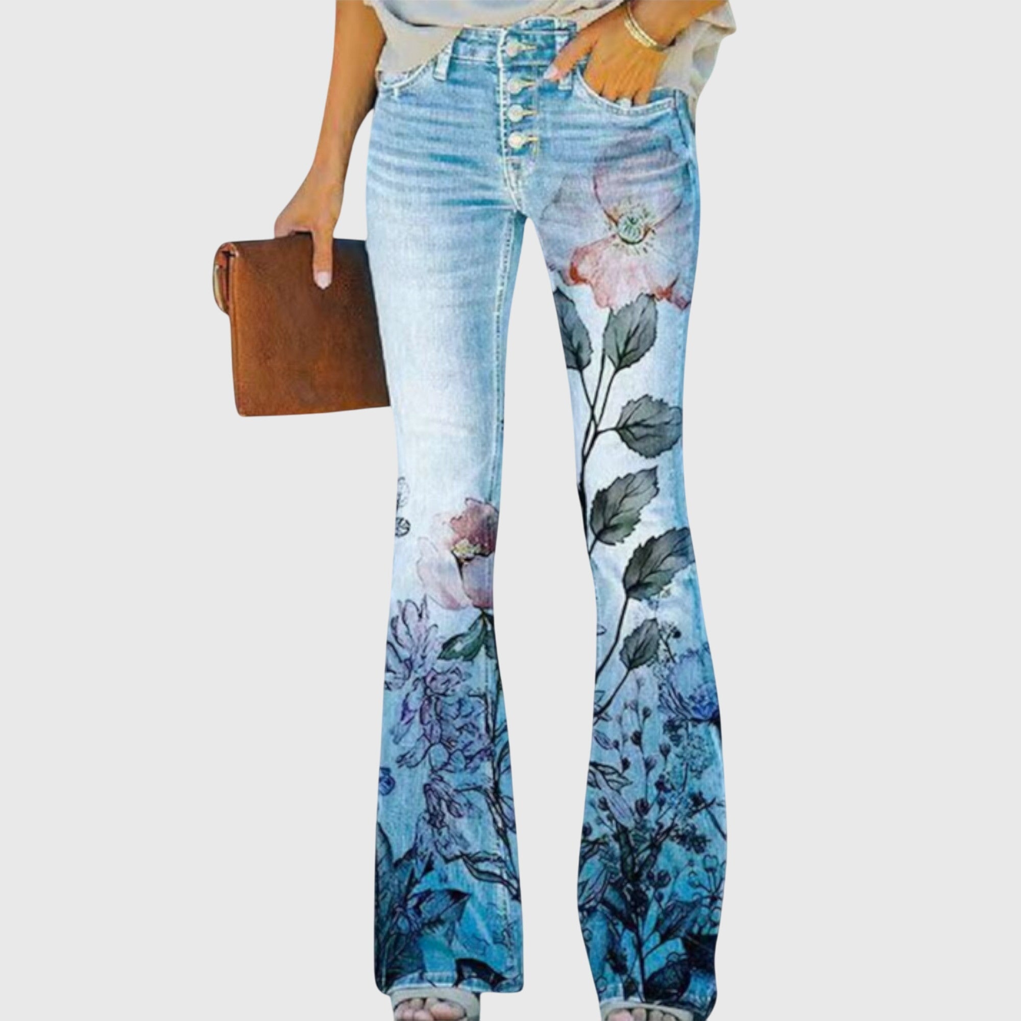 Sylvia - Women's Floral Flare Jeans with Hand-Painted Detail