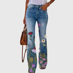 Sylvia - Women's Floral Flare Jeans with Hand-Painted Detail