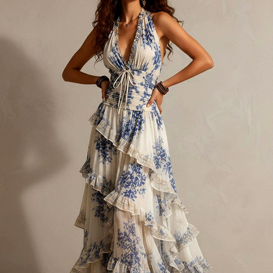 Sylvia - Women's Floral Halter Tiered Maxi Dress 3