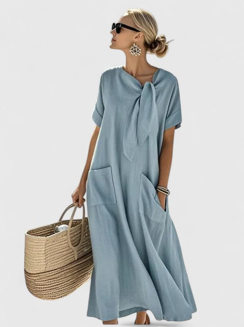 Thea - Women's Tie-Neck A-Line Midi Dress with Functional Pockets
