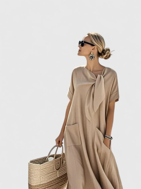 Thea - Women's Tie-Neck A-Line Midi Dress with Functional Pockets