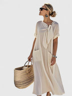 Thea - Women's Tie-Neck A-Line Midi Dress with Functional Pockets