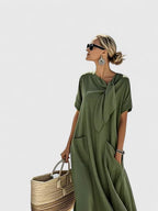 Thea - Women's Tie-Neck A-Line Midi Dress with Functional Pockets