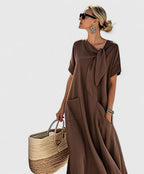 Thea - Women's Tie-Neck A-Line Midi Dress with Functional Pockets