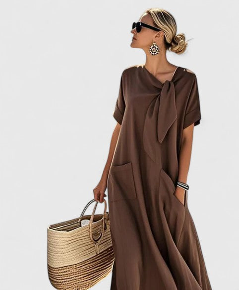 Thea - Women's Tie-Neck A-Line Midi Dress with Functional Pockets