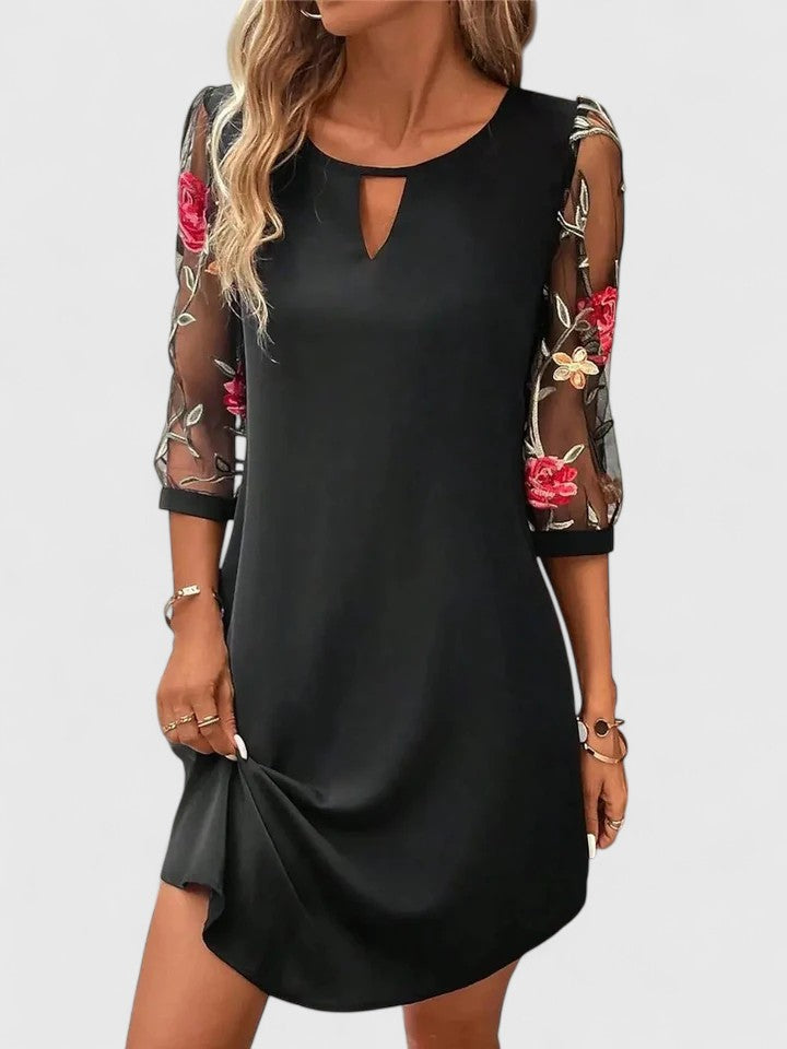 Tilda - Women's Floral Mesh-Sleeve Keyhole Shift Dress