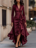 Valery - Women's Draped Satin Maxi Dress with Tiered Ruffle Hem