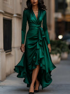 Valery - Women's Draped Satin Maxi Dress with Tiered Ruffle Hem