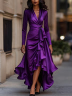 Valery - Women's Draped Satin Maxi Dress with Tiered Ruffle Hem