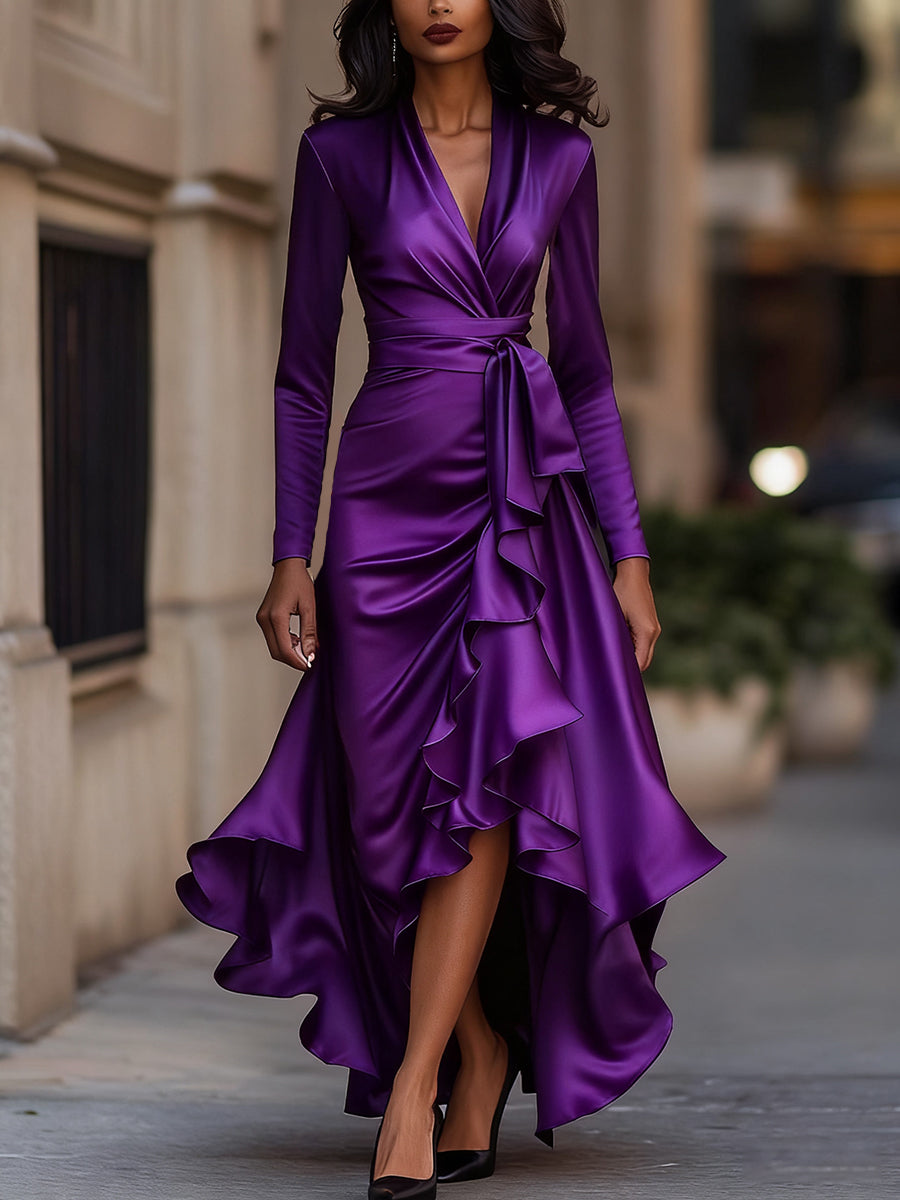 Valery - Women's Draped Satin Maxi Dress with Tiered Ruffle Hem