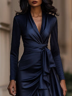 Valery - Women's Draped Satin Maxi Dress with Tiered Ruffle Hem