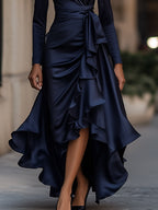 Valery - Women's Draped Satin Maxi Dress with Tiered Ruffle Hem